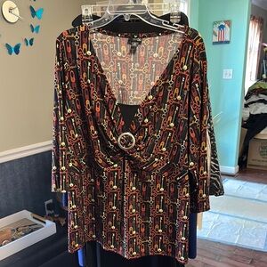 East 5th Brown and Orange 3/4 Sleeve Embellished Blouse